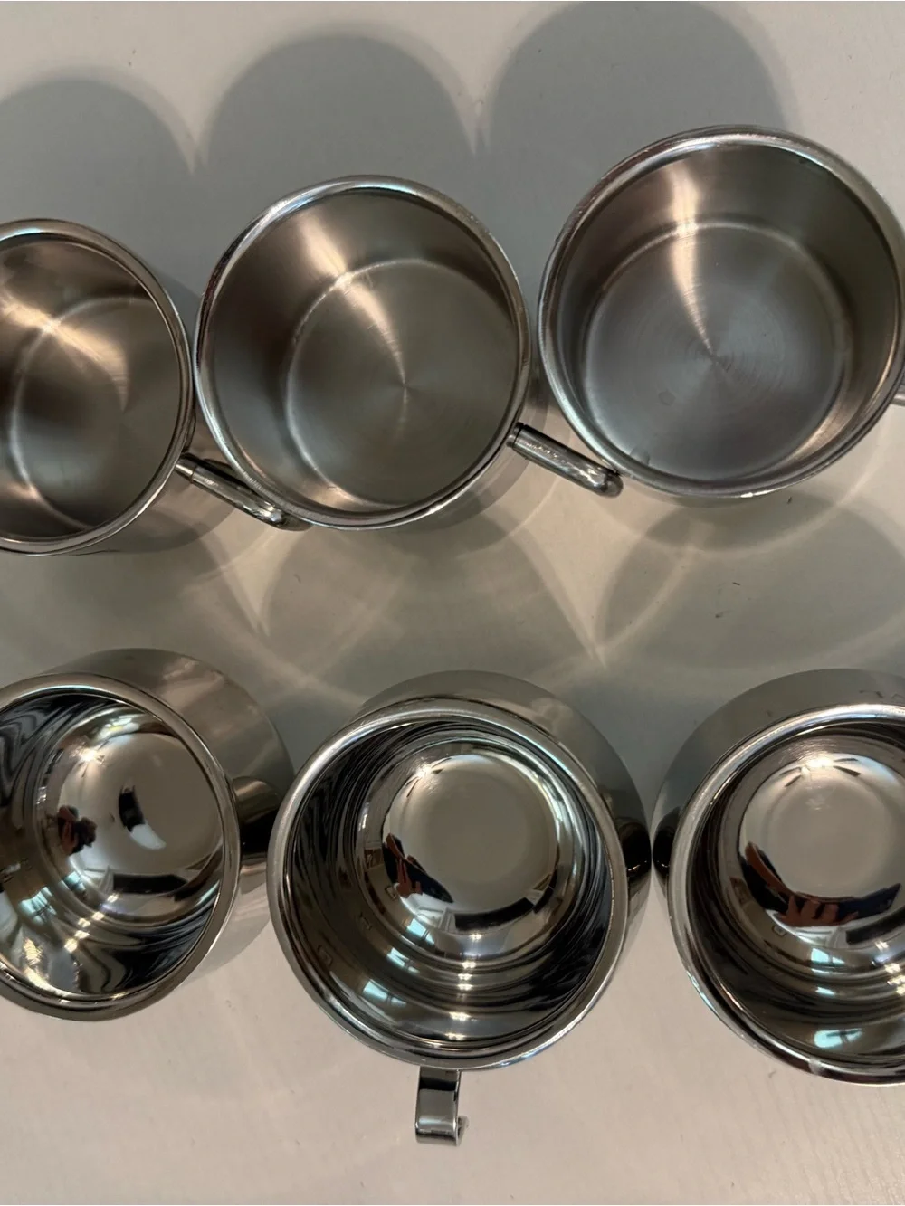 Set of 6: Polished Stainless Steel Coffee Cup and 3 serving bowls Mazda & JVL